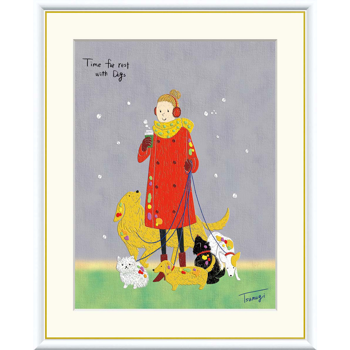 山田つむぎ 「冬のお散歩」 F8号（額外寸61x49cm） 高精彩工芸画　額付き　複製画　人物画　楽器演奏 ..