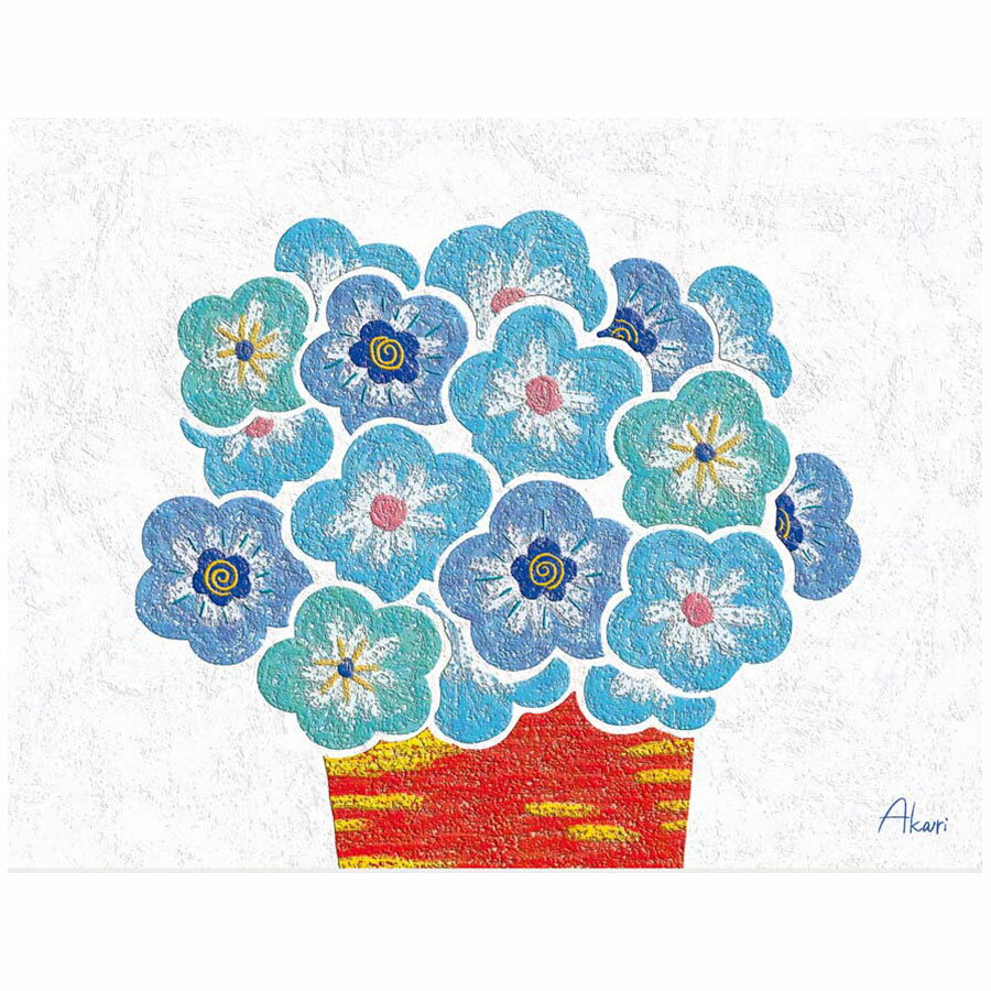 春田あかり「青い花の鉢植え」 F8号（額外寸61x49cm） 高精彩工芸画　額付き　複製画　静物画　花風水　開運画　かわいい　花の絵　ブーケ