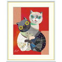 池田麻耶 「黒猫と白猫」 F8号(額外寸61x49cm) 高精彩工芸画 額付き 複製画 動物画 モダンアート パッチワーク 刺繍風 おしゃれ