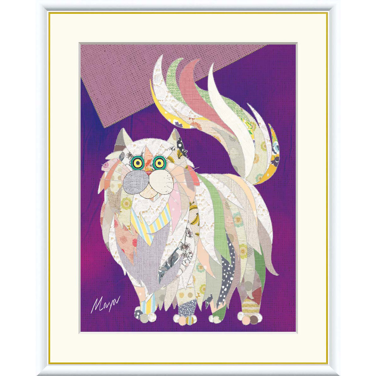 池田麻耶 「ペルシャ猫」 F8号（額外寸61x49cm） 高精彩工芸画　額付き　複製画　動物画　モダンアート..