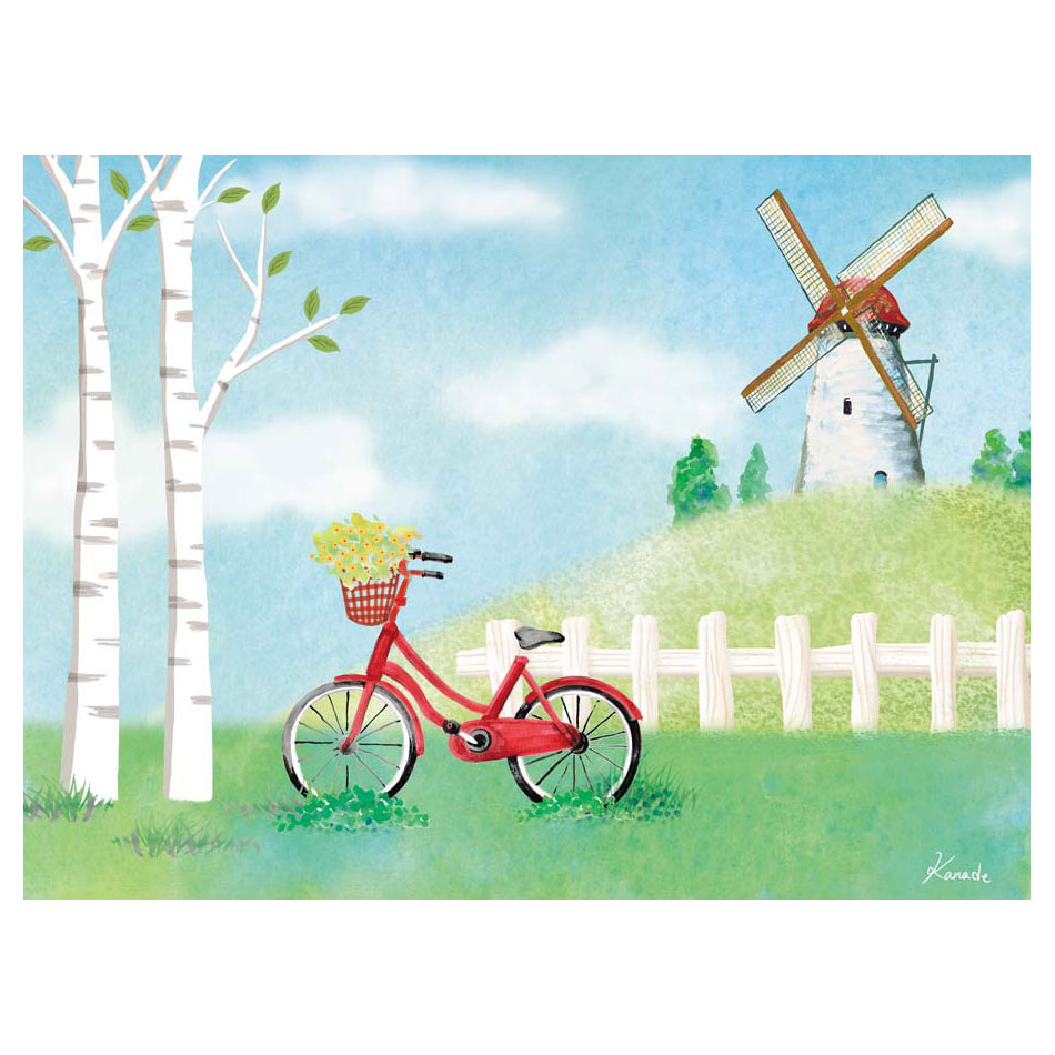 やまとや画廊の青木奏 「自転車」 F8号（額外寸61x49cm） 高精彩工芸画　額付き　複製画　風景画　おしゃれ　オランダの風車　赤い自転車　白樺｜アングル2