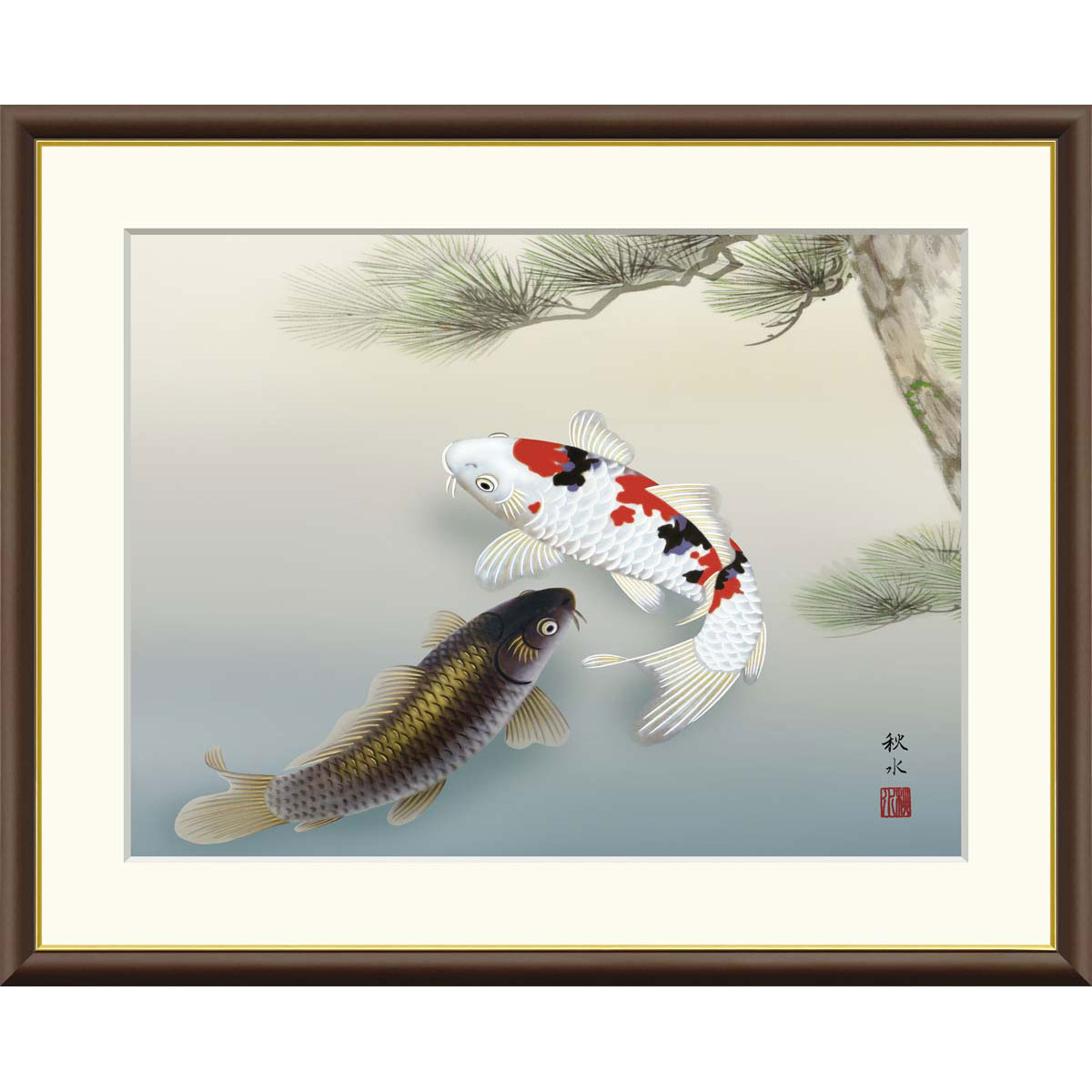 樂天商城 - 浮田秋水 「松下遊鯉」 F8号（額外寸61x50cm） 高精彩工芸画＋手彩入り　額付き　複製画　風景画　花鳥風月　季節問わず　出世栄達　健康長寿　J1-A012