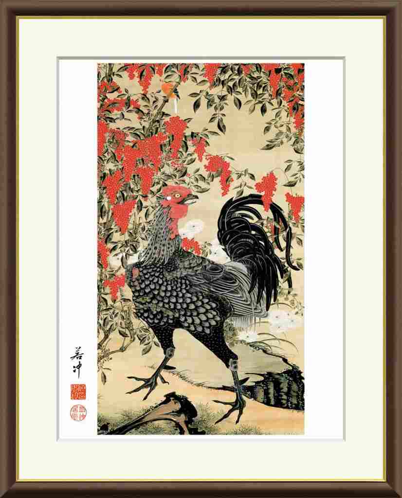 伊藤若冲 「南天雄鶏図」F6号／F4号 高精彩工芸画 複製画 額付き 額絵 額装画 額入りの絵 日本画 名画レプリカ