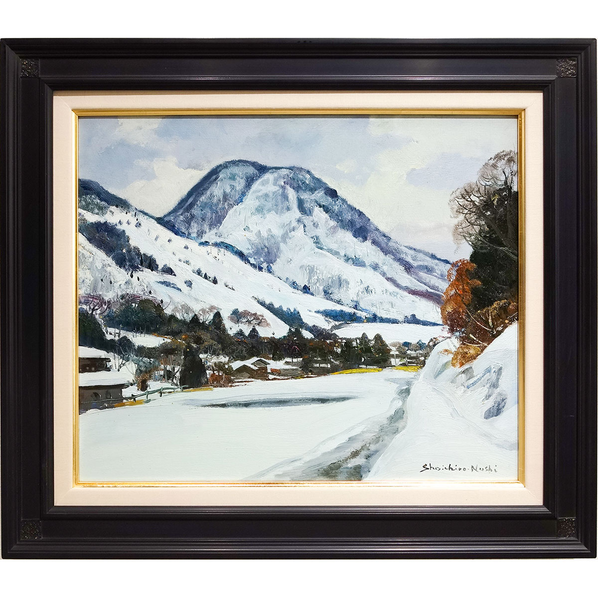 油彩画 塗師祥一郎 「待春の山麓」 F8号 額入り 油絵 真筆 手描き 肉筆画 風景画 北国 雪景色 雪どけ 日本芸術院会員 日洋会理事長