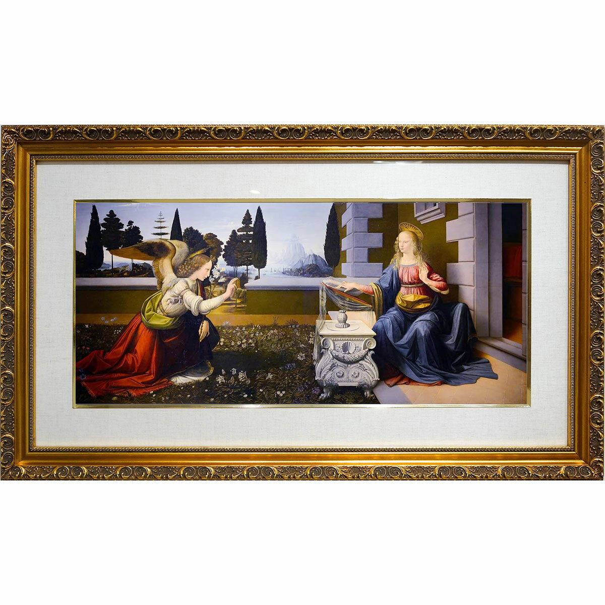 世界の名画　レオナルド・ダ・ビンチ 「受胎告知」 FMスクリーン／シルクスクリーン併用　複製画　額付き　アンドレア・デル・ヴェロッキオ　ルネサンス期　宗教画　聖母マリア　ウフィツィ美術館（イタリア・フィレンツェ）所蔵　テンペラ画　YE315