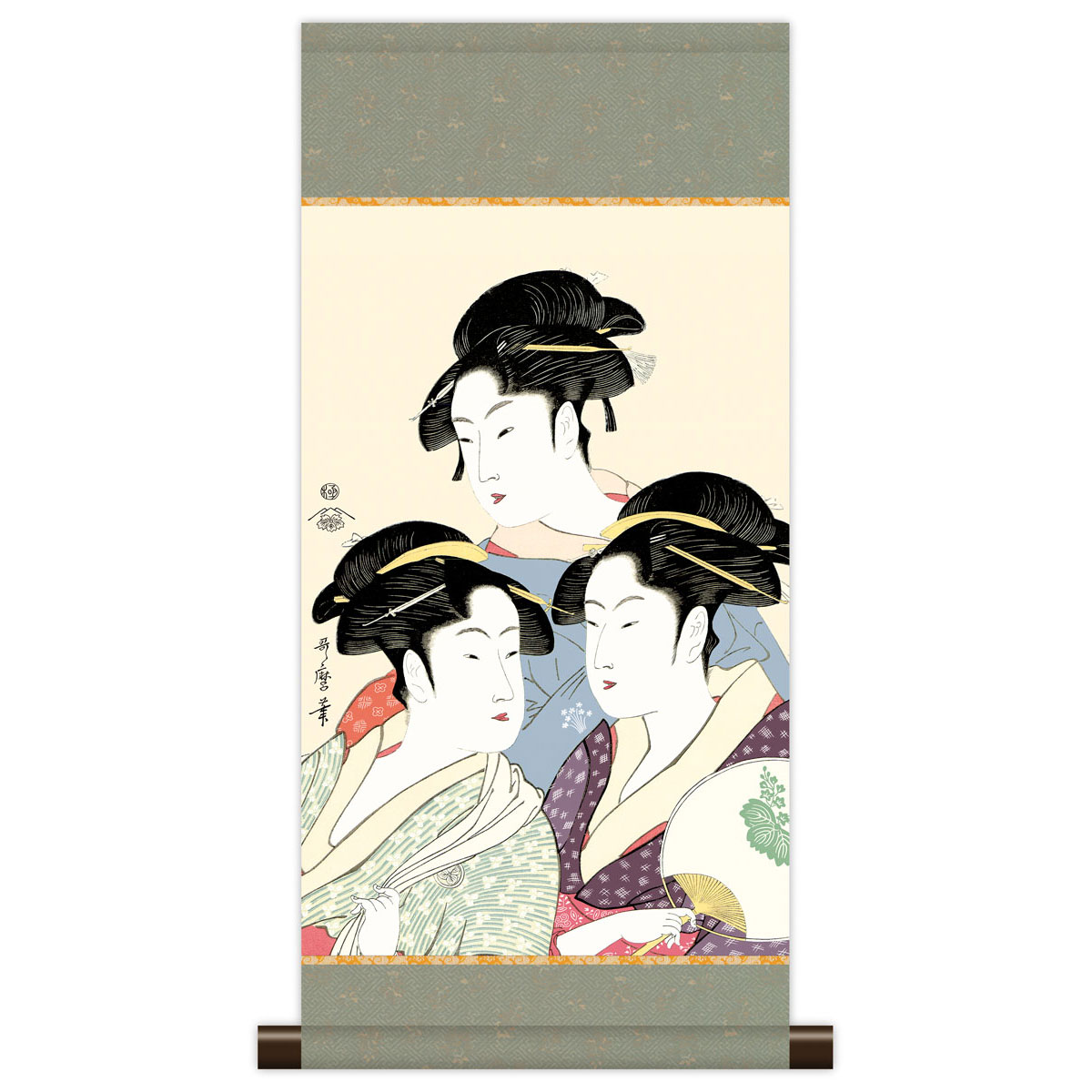 掛軸 モダン掛け 喜多川歌麿「寛政の三美人」 高精細工芸画＋手彩 複製画 掛け軸 江戸の浮世絵 レプリカ 美人画 人物画 錦絵 江戸三美人 東京国立博物館所蔵 Utamaro スタンド別売り KM3R4-001