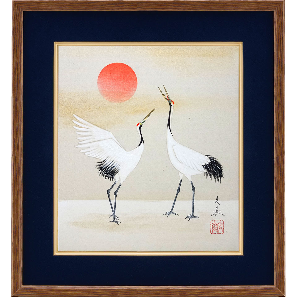 開運 色紙額　中谷文魚 「双鶴」 額付き　真筆　肉筆画　手描き　花鳥風月　吉祥　慶祝画　御祝い　新..