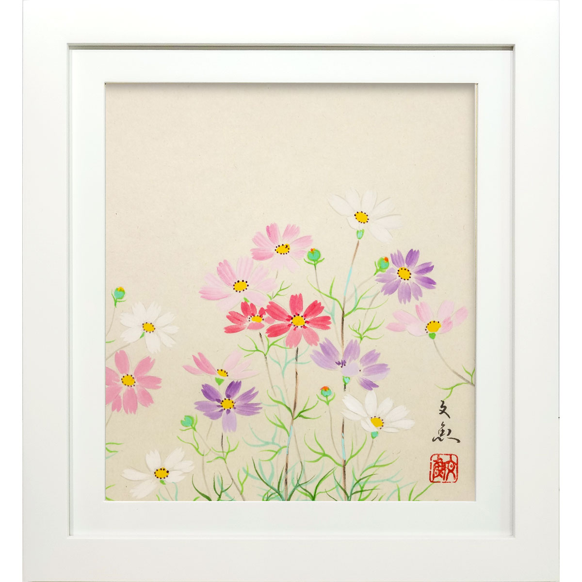 ーーーーーーーーーーーーーーーーーーーーー 色紙額／秋桜　中谷文魚 筆 ーーーーーーーーーーーーーーーーーーーーー 秋の野に咲く、可憐な秋桜の花を描いた色紙作品です。 風に揺れるように咲く秋桜の姿が、秋らしい爽やかさと優しい趣を感じさせます。 秋の季節飾りとして玄関や和室に飾るのはもちろん、秋の風情を贈る季節の贈り物にもおすすめです。 ーーーーーーーーーーーーーーーーーーーーー 商品詳細 ーーーーーーーーーーーーーーーーーーーーー - 作　家：中谷文魚（なかたにぶんぎょ） 1947（昭22）年生まれ　京都府出身／墨彩会会員／ 美術年鑑掲載、得意：山水、花鳥 - 作品名：秋桜　 - 技　法：日本画・真筆 - 状　態：色紙・額ともに新品 - 額外寸：325×355×厚20mm - 色紙寸：270×240mm（大色紙） - 付属品：額入り・かぶせ箱付き、額の前面は透明ガラス ■ラッピング・熨斗は無料にて承ります。 ■当ページ内の紹介文・商品説明文・画像の無断使用・転載・流用を固く禁じます。 (C) やまとや画廊中谷文魚 筆 「秋桜」色紙額 墨彩会会員・中谷文魚による真筆作品を、色紙額にお仕立て