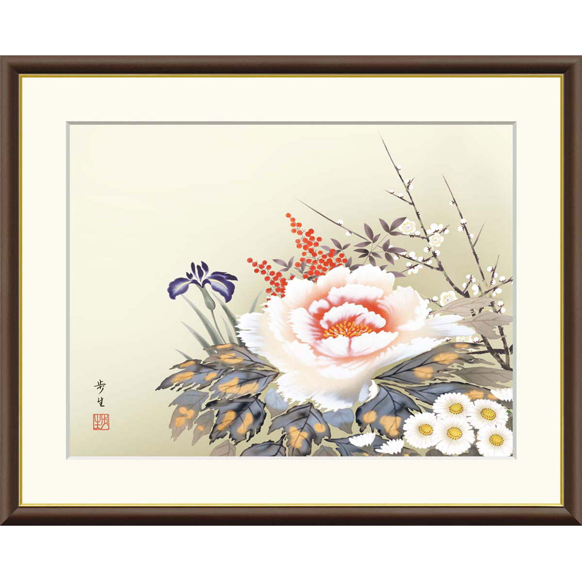 樂天商城 - 北山歩生 「四季花」 F8号（額外寸61x50cm） 高精彩工芸画　額付き　複製画　植物画　花鳥風月　季節：年中　牡丹　菖蒲　南天　梅　小菊　J4-B002