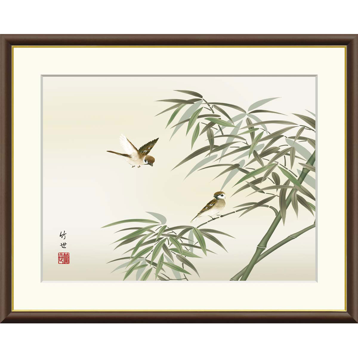 Nature'S Beauty - 田村竹世 「竹に雀」 F8号（額外寸61x50cm） 高精彩工芸画　額付き　複製画　植物画　花鳥風月　季節：年中　普段飾り　まっすぐ　しなやか　すずめ　J4-B007