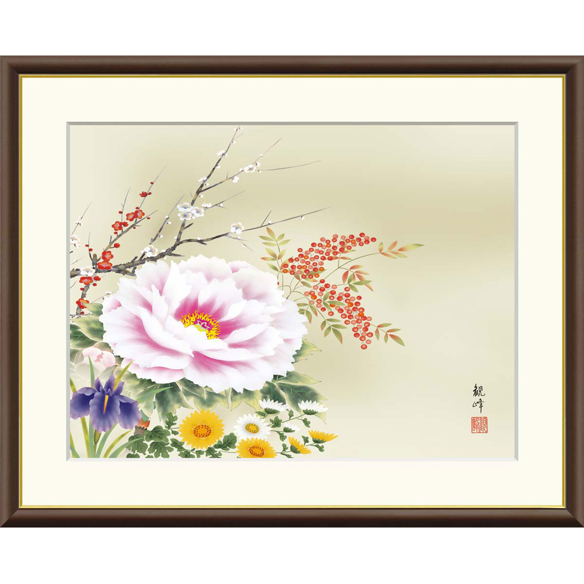 樂天商城 - 山村観峰 「四季花」 F8号（額外寸61x50cm） 高精彩工芸画　額付き　複製画　植物画　花鳥風月　季節：年中　牡丹　菖蒲　南天　梅　小菊　J4-B009