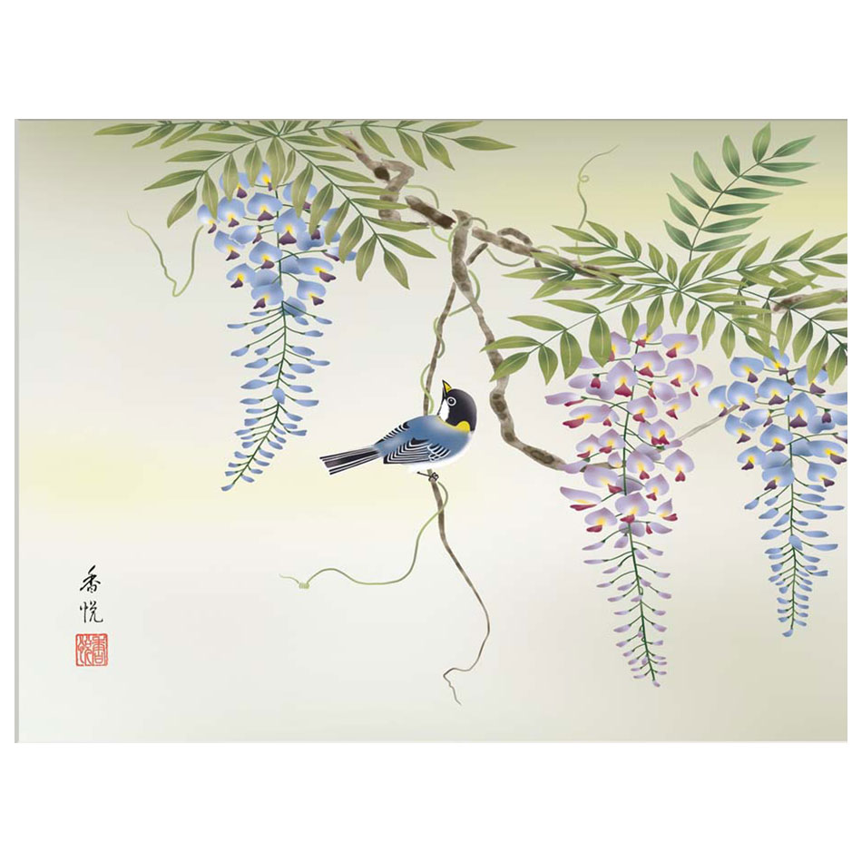 やまとや画廊の西尾香悦 「藤花に小鳥」 F8号（額外寸61x50cm） 高精彩工芸画　額付き　複製画　植物画　花鳥風月　季節：春　藤の花　晩春　ルリビタキ　青い鳥　J4-B014｜アングル2