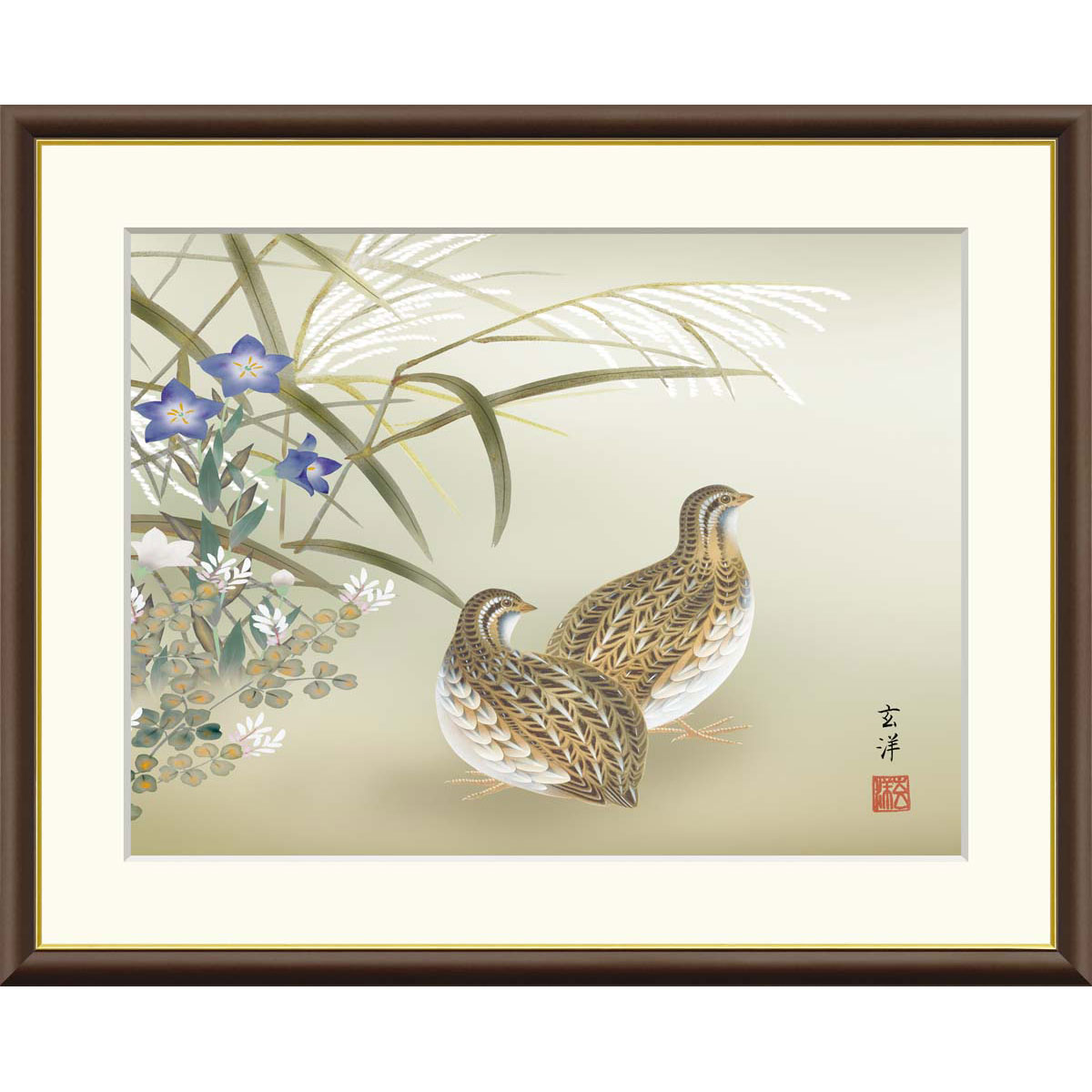 近藤玄洋 「秋草に鶉」 F8号（額外寸61x50cm） 高精彩工芸画 額付き 複製画 風景画 花鳥風月 季節：秋 ..