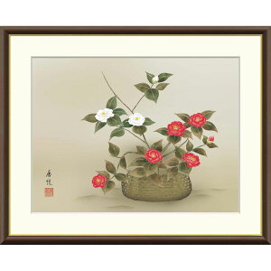 西尾香悦 「椿」 F8号(額外寸61x50cm) 高精彩工芸画 額付き 複製画 風景画 花鳥風月 季節:冬 つばきの花 紅つばき 白椿 J4-B042