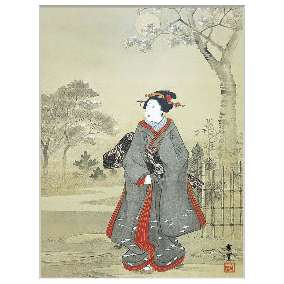 ● 歌川広重 「月夜観桜美人図」 額入り 複製画 高精彩工芸画 額装画 肉筆浮世絵 名...