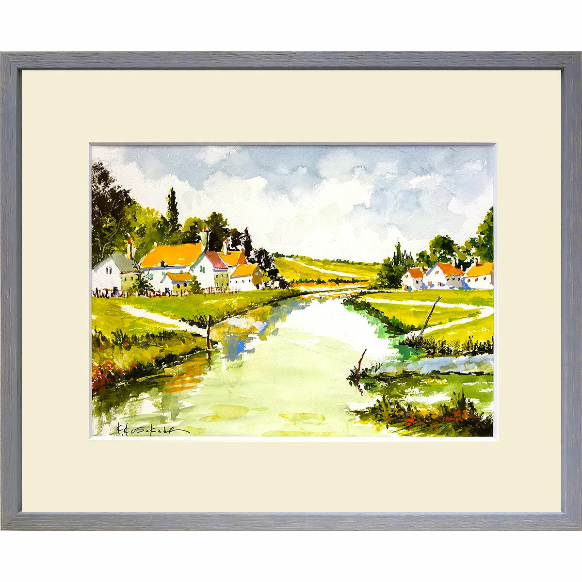 ☆ 水彩画 日下部寛 「ロワール川畔(フランス)」 額入り 真筆 肉筆画 手描き 河畔 癒し ヨーロッパ 風景画 スケッチ 旅行 四つ切 光陽会 UVカット効果の透明アクリル板 【YE091】