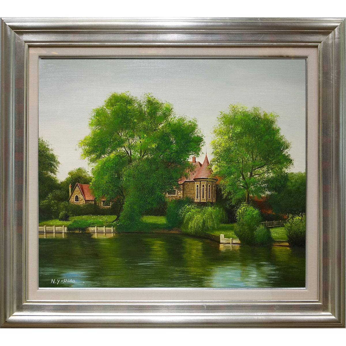 樂天商城 - 油彩画　F10号　吉田直人 「フランスの美しい村」 額入り　油絵　真筆　手描き　肉筆画　外国風景　風景画　水辺　赤い屋根　コレーズの村【納期：在庫のみ】