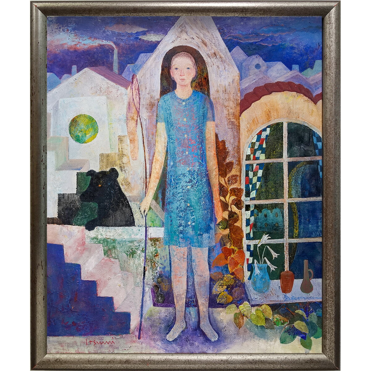 油彩画　横江逸美 「夏のおわりに」 F12号　額入り　人物画　油絵　真筆　手描き　肉筆画　ノスタルジック　物語性　国画会会員　YE476