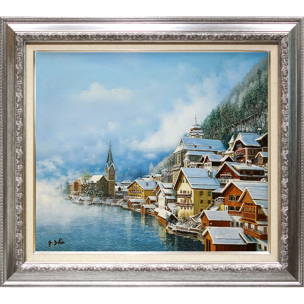 F10 ◎ 油彩画 「雪の祈り、ハルシュタット湖（オーストリア）」 F10号　額入り　油絵　額装画　風景画　真筆　肉筆画　手描き　世界遺産　湖畔　教会　絶景　世界旅行　思い出　YE512 【納期：在庫のみ】 【旅する気分の風景画】