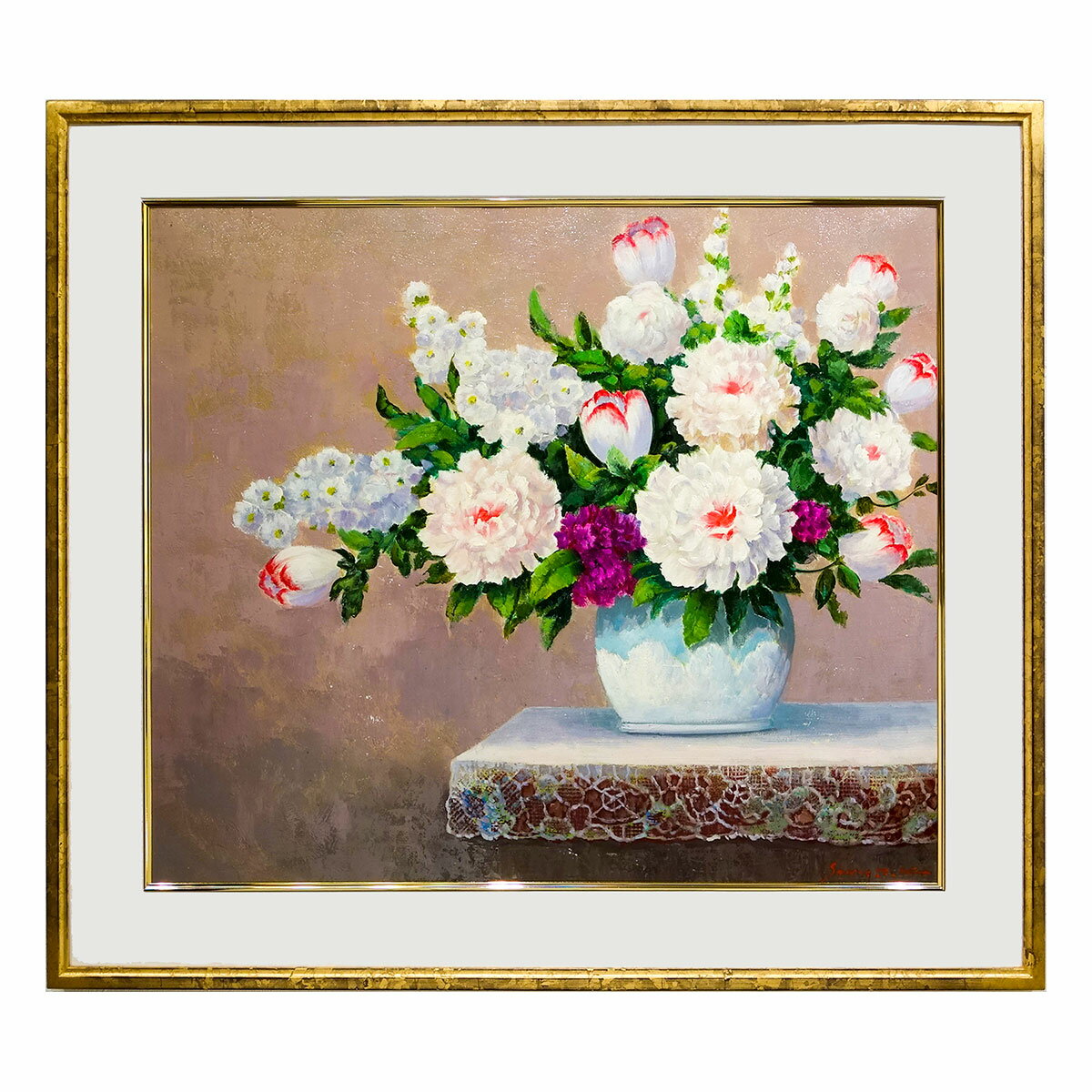 Rakuten - 油彩画 F10号「花瓶の可憐なブーケ」T.ソン筆 真筆 手描き 肉筆画 額入り 油絵 静物画 花束 ブーケ ピンクの花 フラワーアート 花の絵 インテリア 絵画 壁掛け 新築祝い YE627