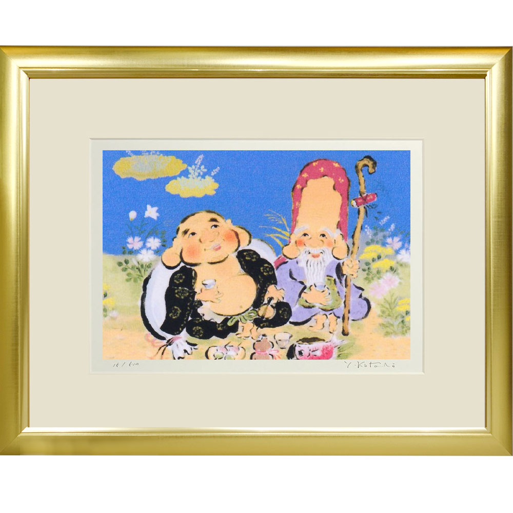 商品の詳細 作家／　吉岡浩太郎 作品名／福 宴 【恵比須天】商売繁盛霊験あらたかな神様です。己を戒める事で金運、財運の福徳を授かります。 【大黒天】良い人脈、すなわち吉運を招き財宝と金運の徳を授かります。 【布袋尊】子供達に慕われることから家庭円満・子宝の福宝として御利益があらたかです。 【福禄寿】福・禄・寿の三徳の神。福寿の神として幸運招来の徳を授けます。 【毘沙門天】仏法を守護する守護神。威厳ある姿は買うんが開け子孫繁栄する威徳を授かります。 【寿老人】不老不死を象徴する神様。長寿延命と共に健康の徳を授かります。 【弁財天】「財」は財物に縁が深く、「弁」は弁活、弁論の意。口下手な人の出世の神様 技法／　ジクレー 版画 作品の状態／　シート・額縁とも新品 額外寸／　　　570x453x厚15（mm） イメージサイズ／　347x234（mm） エディション番号／　あり　限定500部（番号はそれぞれ異なります） 総重量／　約1.5（kg） ■作家／吉岡浩太郎(よしおか こうたろう、YOSHIOKA KOTARO） 1928年 山口県に生まれる。香月泰男に師事 1967年 スクリーン版画の研究を始める 1973年 絵画研修のため渡欧（同89年） 1974年 セントラル画廊でスクリーン版画個展 1992年 日蓮宗円頓寺障壁画制作 1997年 以降 毎年ピクチャーショーで新作発表。各種カレンダーや雑誌(表紙)掲載 2006年 ユネスコ葉書に決定 2014年 日本ユネスコ協会支援カード採用 2016年 逝去。享年88歳 30年以上一緒に作品制作してきた息子が初代の意思を継ぎ二代目浩太郎に襲名。 初代作品の名入り管理、販売を行っています。 ■ラッピング、熨斗を無料にて承ります。