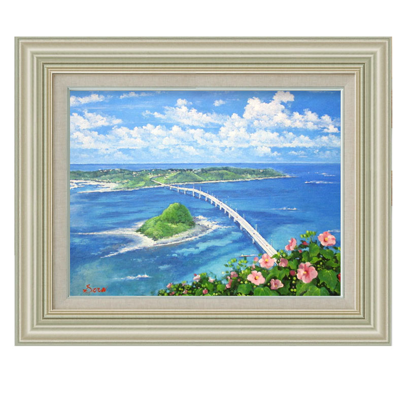 樂天商城 - 油彩画　F6号　瀬良風香 「角島大橋」 額入り　油絵　真筆　手描き　肉筆　風景画　景勝地　下関　海　絶景ポイント　つのしまおおはし　架橋　ロケ地　映え　おしゃれ【納期：1か月】