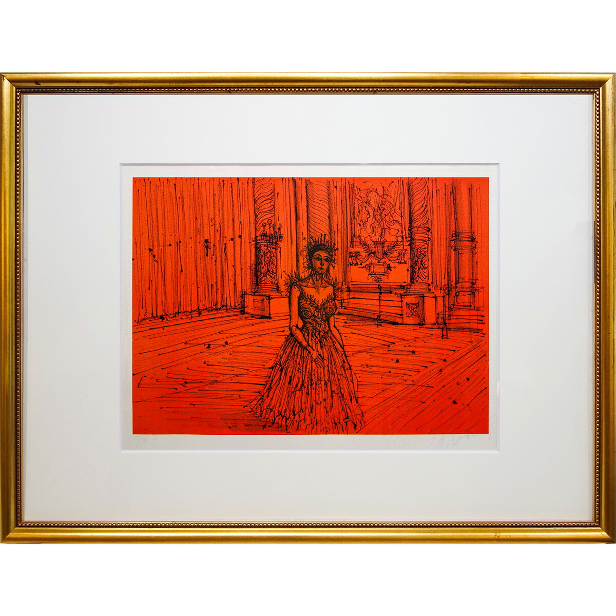 版画　ジャン・カルズー 「Opera III （オペラ・トロワ）」 カラー リトグラフ　額入り　1983年制作　Jean Carzou　作家直筆サイン　人物画　美人画　赤を基調とした女性　女王様　石版画　おしゃれ　YE534