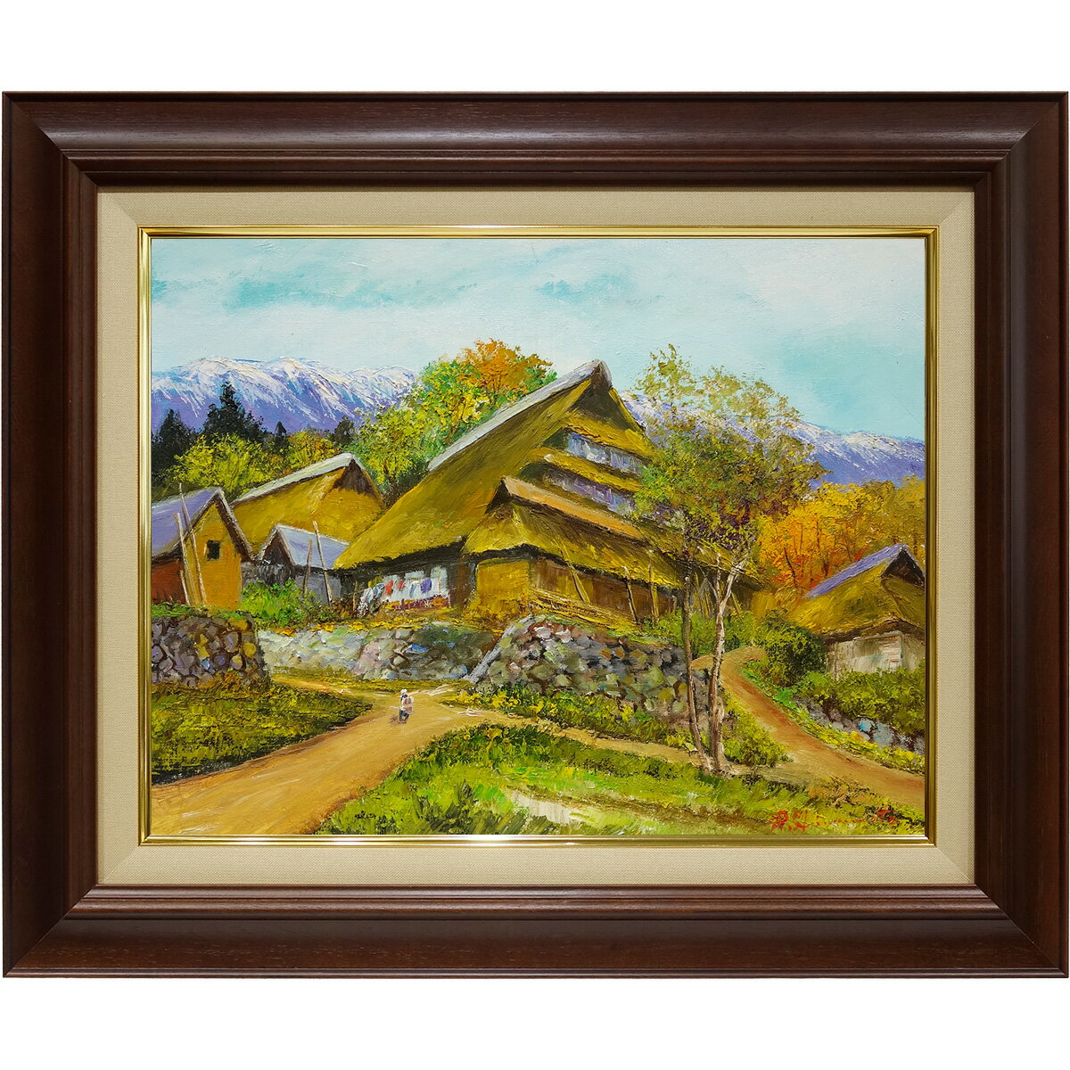 Rakuten - 油彩画 F6号 島本良平「信濃路の民家」真筆 肉筆 描き下ろし 額入り 油絵 風景画 藁葺き屋根の家 古民家 北アルプス インテリア絵画 アート 玄関 リビング 和室 壁掛け 新築祝い 贈答品 在庫限り 即納セール
