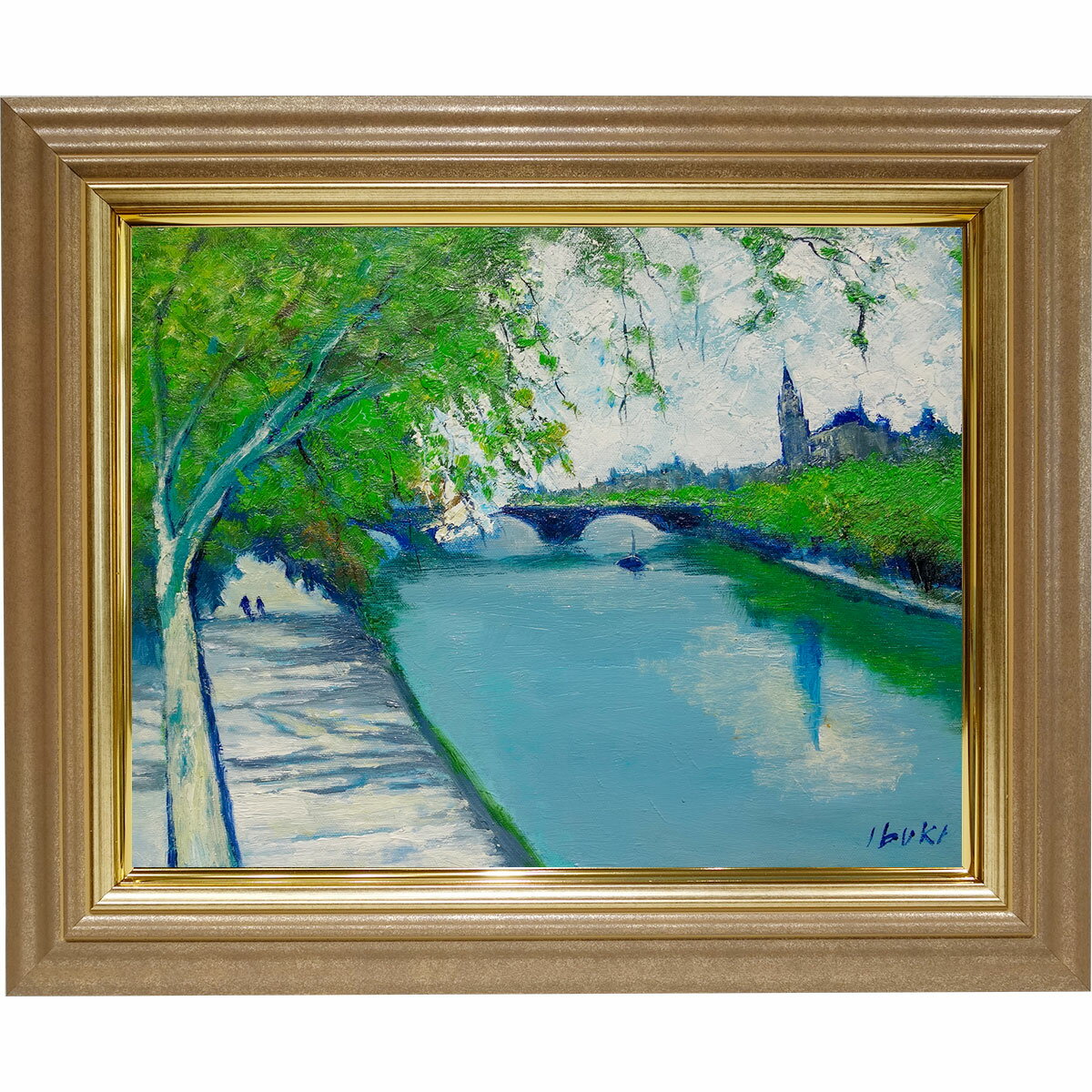 樂天商城 - 油彩画 F6号 伊吹浩一「アムステルダム」真筆 肉筆 額入り 油絵 風景画 ヨーロッパ オランダ 川辺 橋 街並み 新緑 インテリア 絵画 アート おしゃれ 玄関 リビング 壁掛け 新築祝い　軽量額 コンパクト 即納セール