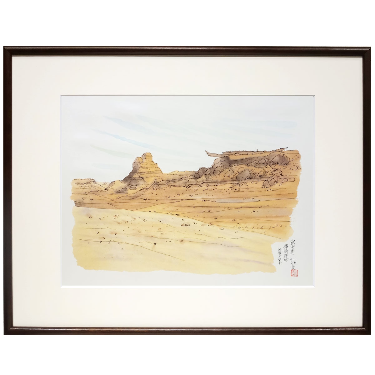 日本画の巨匠・平山郁夫が旅先で描いたスケッチ（素描）を収録した画集『遙かなる旅』より、「西域南道 楼蘭遺跡 仏塔を望む」を額装した複製画です。 楼蘭（ろうらん）は、シルクロードの「さまよえる湖」と呼ばれたロプノール湖畔に築かれ、歴史の表舞台から忽然と姿を消した幻のオアシス国家です。その劇的な歴史と、20世紀初頭のドラマチックな再発見から、世界中で多くの人々を魅了し続けています。 平山郁夫は画集『遙かなる旅』で、この町を次のように表現しています。 「迷える湖ロブノール周辺に栄えた楼蘭遺跡は 　数少ない秘境である。 　千数百年も人を近づけなかっただけに、 　歴史の香りが高い」 ーーーーーーー 商品詳細 ーーーーーーー ■作家名／　平山郁夫（ひらやまいくお） 1930年　広島生まれ、日本画家、教育者。東美校卒業後、前田青邨に師事。被爆体験により仏教的な題材を手がけた。のちにシルクロードを描いた一連の近作によって新潮社芸術大賞を受賞。敦煌壁画の保存修復を手掛ける。 1989年東京芸大学長に就任。1996年より日本美術院理事長。1998年文化勲章受章。2009年逝去、享年79歳。 ■作品名／　西域南道　楼蘭遺跡　仏塔を望む （素描集 遙かなる旅（日本経済新聞社発行）より） ■技　法／　美術印刷　複製画 ■エディション番号／　なし ■額　寸／　56x44x厚1.8（cm） ■イメージサイズ／　38x27（cm） ■用紙寸／　50.7×38.7（cm） ■総重量／　約1.7（kg） ■作品の状態／　シート、額縁とも新品。特筆すべき難点はありません。 額付き、かぶせ箱入り　版上サイン、前面はUVカット透明アクリル ■別表記／　MM02ブラウン半切 ・このページ内の紹介文、商品説明文、及び当店撮影の画像の無断使用、転載、流用を固く禁じます。(C)やまとや画廊 ▼平山郁夫「遙かなる旅」シリーズ作品一覧へ