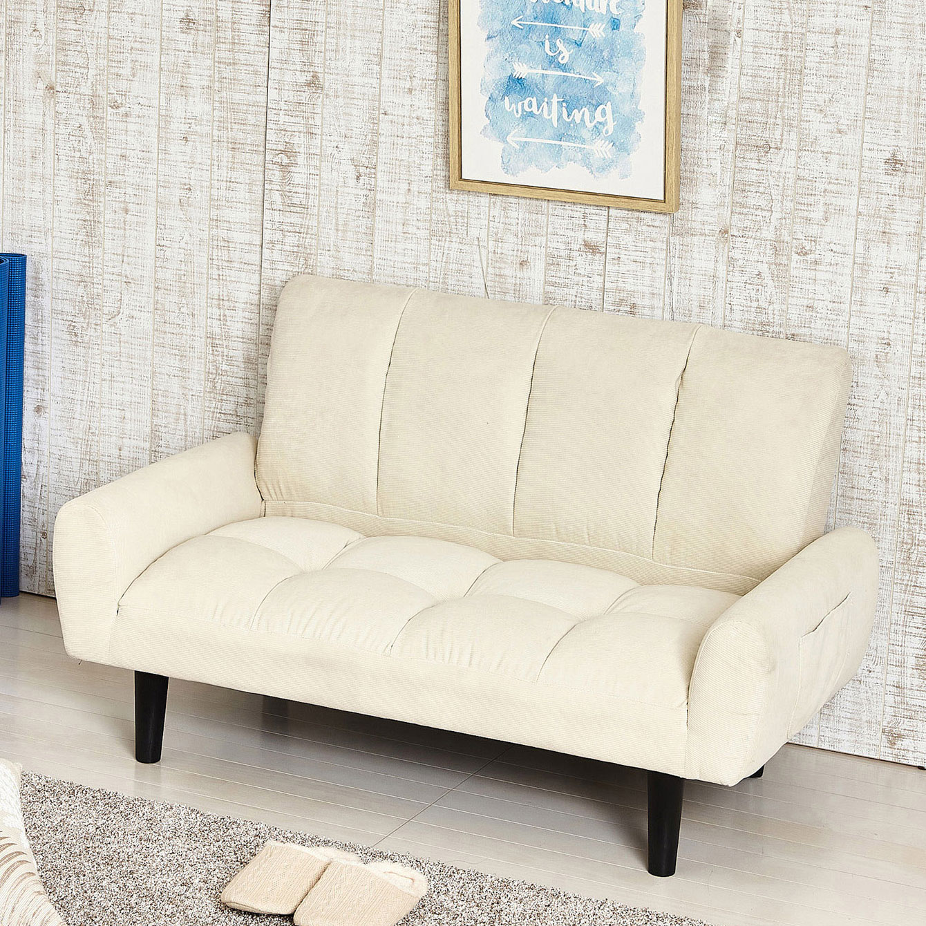 【完成品】2人掛けソファーコーデュロイ（アイボリー）奥行63cmクロシオ 28749CORDUROY SOFAベッド 2人..