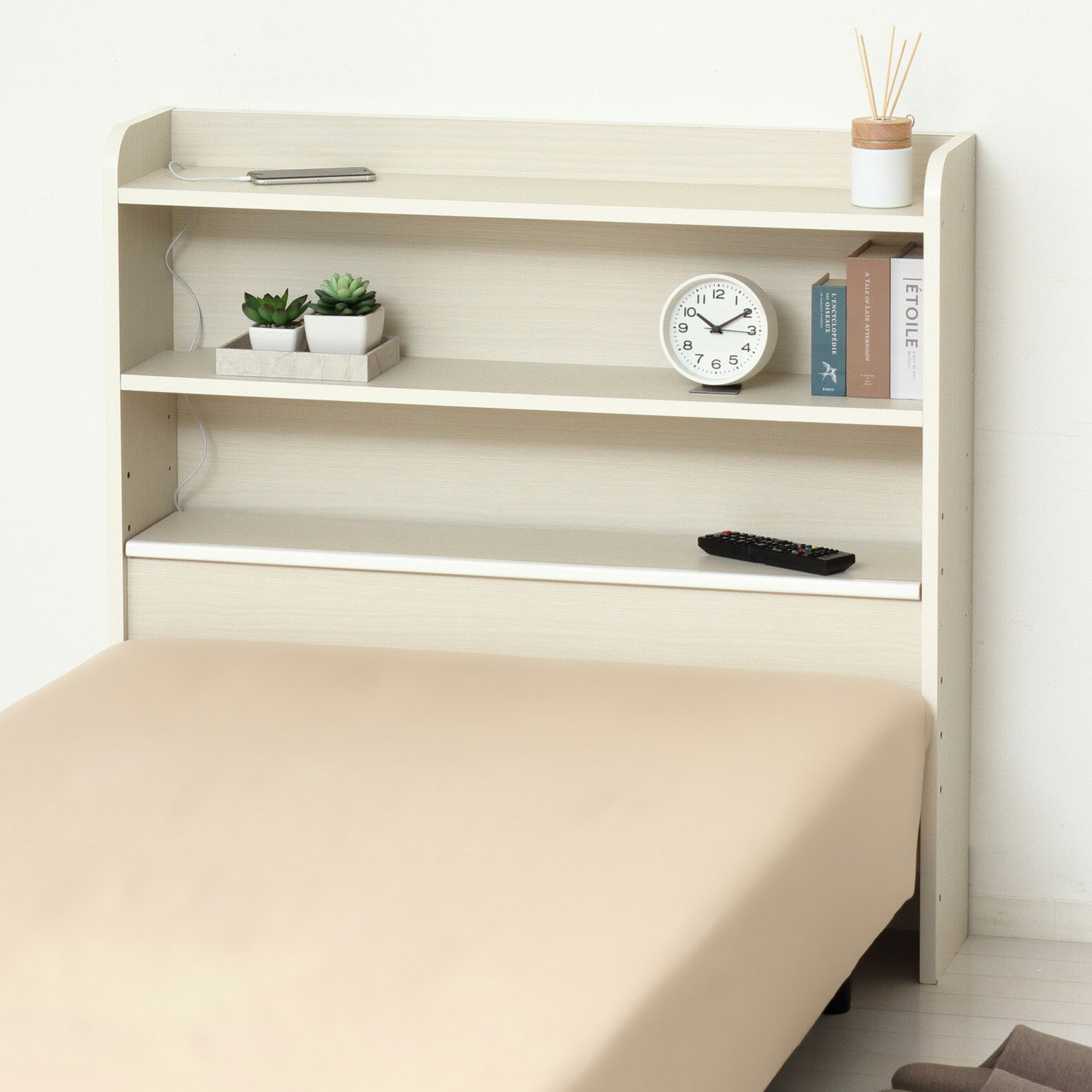 木目調ベッドサイドボード【ホワイト】クロシオ 57640後付けヘッドボードシングルソファ シングルベッド 棚 日本製