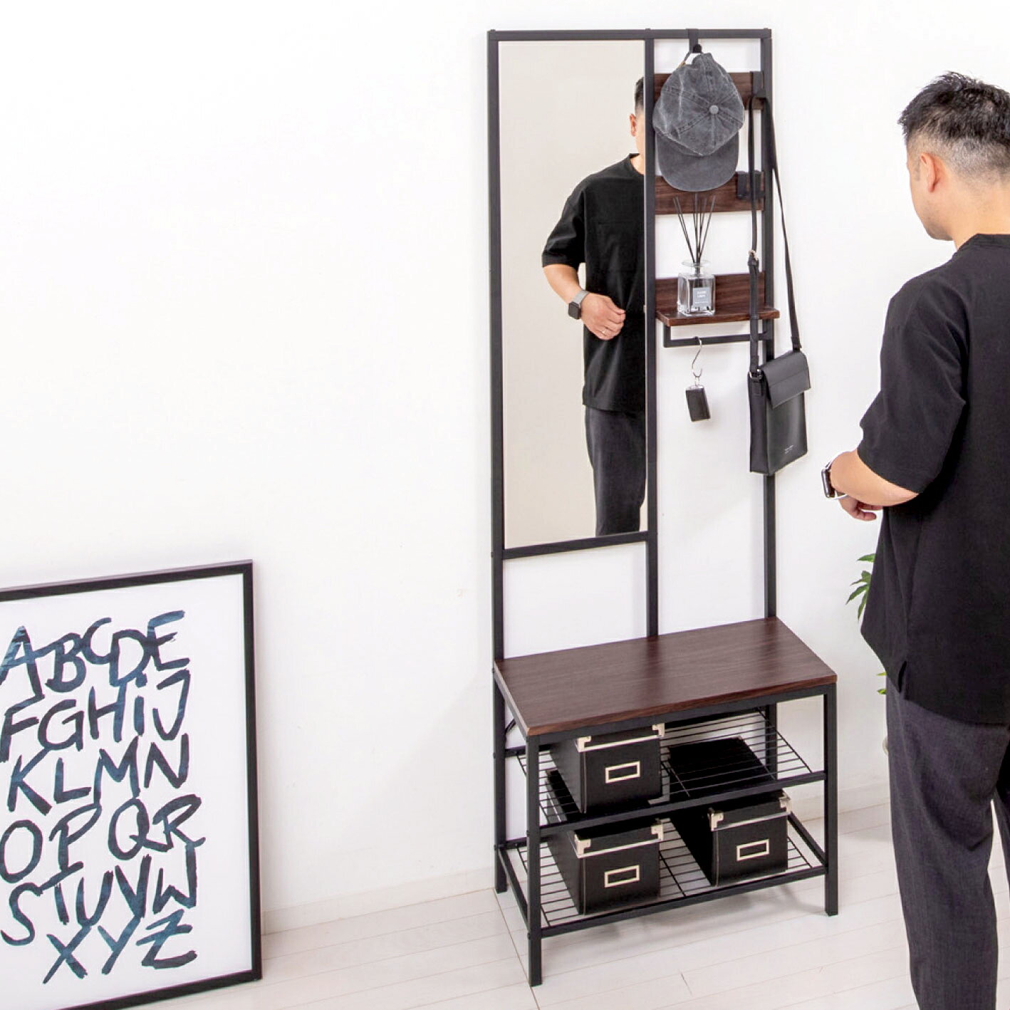 ミラー付きハンガーラック（ブラウン）62227 クロシオ多機能ハンガーラックミラー付きスチールラック ..