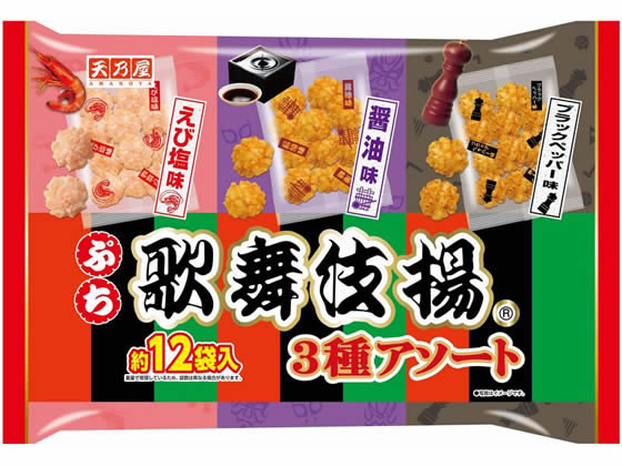 【仕様】●内容：醤油味、えび塩味、ブラックペッパー味●内容量：156g（約12小袋）【備考】※メーカーの都合により、パッケージ・仕様等は予告なく変更になる場合がございます。【検索用キーワード】AMANOYA　あまのや　プチカブキアゲ　ぷちかぶきあげ　12袋　大袋　アソート　バラエティパック　1パック　醤油味　えび塩味　ブラックペッパー味　おつまみ　食品　あられ　おせんべい　揚煎餅　あげせん　揚げせん　お茶請け　お菓子　お煎餅、おかき　RPUP_10　個包装お菓子　R22416