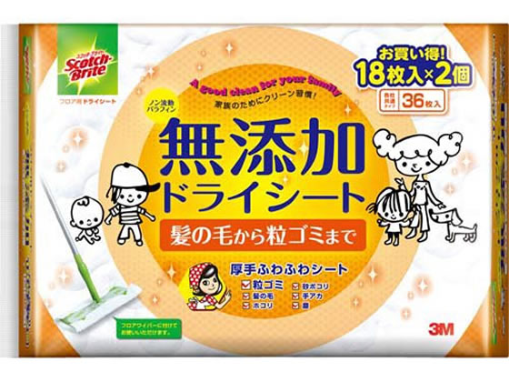 【仕様】●入数：36枚●シートサイズ：300×210mm●材質：ポリエステル、ポリプロピレン●注文単位：1パック（18枚入×2個）【備考】※メーカーの都合により、パッケージ・仕様等は予告なく変更になる場合がございます。【検索用キーワード】住友スリーエム　3M　スコッチ・ブライト　Scotch−Brite　どらいしーと　フロアクリーナー　フロアモップ　1パック　2個入り　36枚入り　清掃用具　床掃除　掃除道具　FW−DSM36　FWDSM36　ScotchBrite　フロアワイパーシート　お掃除シート　カラ拭き　清掃用品　フローリングクリーナー　RPUP_02「やさしさ」と「汚れ落ち」を兼ね備えたシート