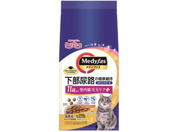 ペットライン メディファス 室内猫 毛玉ケアプラス 11歳から チキン＆フィッシュ味 705g×4個 ペット | キャットフード ドライフード 高齢猫 シニア猫 11歳以上 室内猫 インドア 毛玉ケア チキン フィッシュ 鶏 魚 705g まとめ買い 大容量 お得