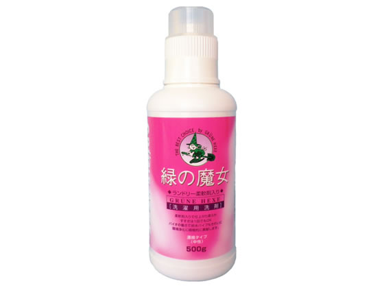 【仕様】蛍光増白剤や漂白剤無配合。ドラム式の洗濯機にも使用可。●仕様：本体●内容量：500g●フローラルの香り●液性：中性●成分：界面活性剤（57％、高級アルコール系（非イオン）、ポリオキシアルキレンアルキルアミン、ポリオキシプロピレンジエチルメチルアンモニウム塩）、安定化剤、生分解促進剤、酵素。（香料）●日本製【備考】※メーカーの都合により、パッケージ・仕様等は予告なく変更になる場合がございます。【検索用キーワード】mimasucc　mimasucleancare　みますくりーんけあ　ミマスクリーンケア　みどりのまじょ　ミドリノマジョ　柔軟剤入洗濯用洗剤　ランドリー　500g　500グラム　本体　ホンタイ　ほんたい　1個　1本　じゅうなんざいいり　ジュウナンザイイリ　柔軟材入り　フローラルの香り　衣料用洗剤　衣類用洗剤　洗濯用品　日用品雑貨　洗濯洗剤　洗濯用液体洗剤　洗濯用合成洗剤　パイプクリーナー　グリューネヘクセ　GRUNEHEXE　中性　RPUP_02濃縮タイプすすぎ1回柔軟剤配合排水がパイプもキレイに！蛍光増白剤無配合