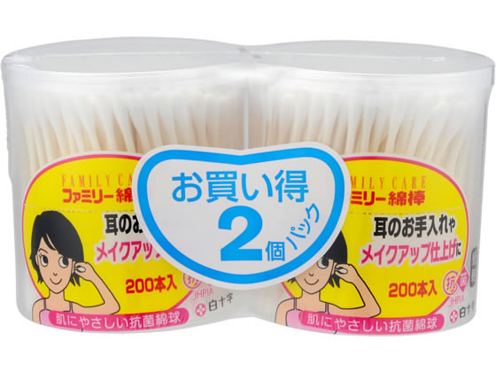 【商品説明】天然キトサンを使用した抗菌綿球で肌にやさしく安心してご使用になれます。耳・目・鼻・おへそなどの日常のお手入れや、メイクアップの仕上げに。【仕様】●注文単位：1パック（200本×2個）●キトサン抗菌【備考】※メーカーの都合により、パッケージ・仕様等は予告なく変更になる場合がございます。【検索用キーワード】はくじゅうじ　ハクジュウジ　HAKUJUJI　ファミリーケア　めんぼう　1パック　1セット　400本　耳そうじ　耳掃除　お化粧　抗菌　RPUP_02耳のお手入れや、メイクアップの仕上げに。