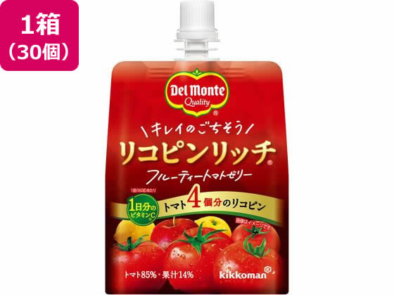 【商品説明】1袋（160g）でトマト4個分のリコピン、1日分のビタミンCがおいしくとれるゼリー飲料です。トマトをベースにりんごやグレープフルーツ、レモンをブレンドし、フルーティに仕上げました。【仕様】●注文単位：1箱（30個）【備考】※メーカーの都合により、パッケージ・仕様等は予告なく変更になる場合がございます。【検索用キーワード】キッコーマン　きっこーまん　デルモンテ　でるもんて　リコピンリッチフルーティートマトゼリー160g30個　リコピンリッチフルーティートマトゼリー　リコピンリッチ　りこぴんりっち　リコピンリッチ　パウチ　箱　トマト　りんご　グレープフルーツ　レモン　野菜果汁飲料　やさいかじゅういんりょう　野菜飲料　野菜系飲料　ゼリー　ゼリー飲料　ぜりーいんりょう1袋でトマト4個分のリコピン、1日分のビタミンCがとれるゼリー飲料。