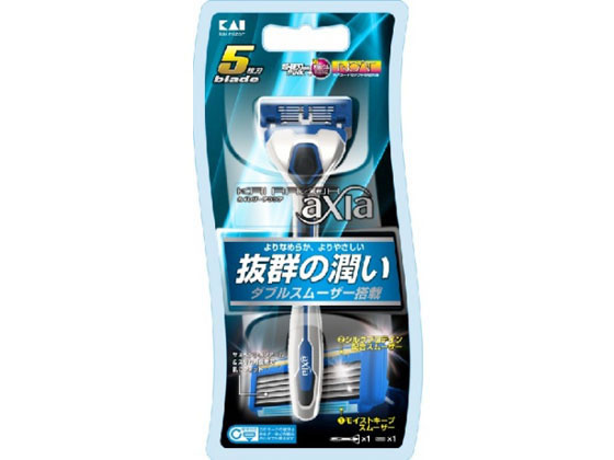 【商品説明】ダブルスムーザーにより抜群の潤いを実現。よりなめらかに、よりやさしい5枚刃システムレザー。【仕様】●サイズ：55×100×200mm●重量：75g●成分(材質）：ホルダー：樹脂部：ABS、TPE、ポリアセタール金属部：ステンレス、亜鉛刃部：ステンレス刃物鋼スムーザー：水溶性樹脂、吸水性樹脂樹脂部：ABS、TPE、PP●原産国：中国【検索用キーワード】貝印　KAI　RAZOR　axia　　ホルダー　kaijirushi　かいじるし　カイジルシ　女性カミソリ　カミソリ　男性カミソリ　女性も使える　効果　評判　人気　評価　ランキング　使用感　使い方　スキンケア　シェービング　RPUP_02ダブルスムーザーにより抜群の潤い