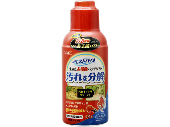 【商品説明】●自然から採取した4種類のお掃除善玉菌を休眠状態で新鮮パック●水槽底の魚のフンや残餌、枯草、砂利の中の汚れを素早く分解、除去●ニオイのない澄んだ透明な水を維持するので、掃除の手間を減らします●アンモニア、亜硝酸を分解除去する「サイクル」と併用すれば、すばやく最適な水づくりを実現できます【仕様】●【使用環境】：淡水・海水●【内容量】：250mL【備考】※メーカーの都合により、パッケージ・仕様等は予告なく変更になる場合がございます。【検索用キーワード】ジェックス　GEX　熱帯魚　金魚　めだか　観賞魚　水槽用品　ペット　観賞魚　グッズ（観賞魚）　RPUP_02　R93136水槽底の魚のフンや残餌、枯草、砂利の中の汚れを素早く分解、除去
