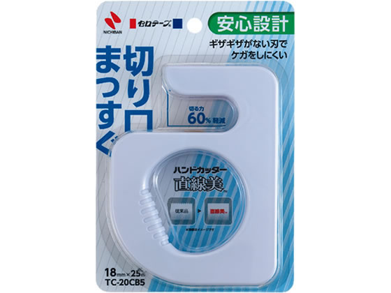 【商品説明】切るときもしっかり持てる握りやすいグリップ！キレイに切れる金属刃で切り口まっすぐ。イベントや掲示板など、卓上にとどまらないアクティブなシーンでのセロテープ使用に最適です。凹凸のない新設計の刃を採用し、テープの切断面がギザギザにならずキレイな仕上がりになります。グリップ性が高く作業性に優れています。【仕様】●色：白●本体サイズ：145×26×110mm●テープサイズ：18mm×25m●セロテープ18mm×25mm付き●18mm幅までの大巻セロテープが使用できます●基材：セロハン●粘着剤：ゴム系●カッター：PS・金属●注文単位：1個●GPNエコ商品ねっと掲載【備考】※メーカーの都合により、パッケージ・仕様等は予告なく変更になる場合がございます。【検索用キーワード】にちばん　NICHIBAN　ニチバン　せろてーぶ　はんどかったー　ちょくせんび　セロテープ　セロファンテープ　セロハンテープ　幅18mm×長さ25m　セロハン　ゴム系　白　しろ　シロ　ホワイト　white　WHITE　TC−20CB5　TC20CB5　1個　1巻　大巻き　大巻タイプ　切れ目きれい　切断面きれい　文房具　切る　貼る　留める　接着テープ　粘着テープ　RPUP_02気軽に使えるハンディタイプ。