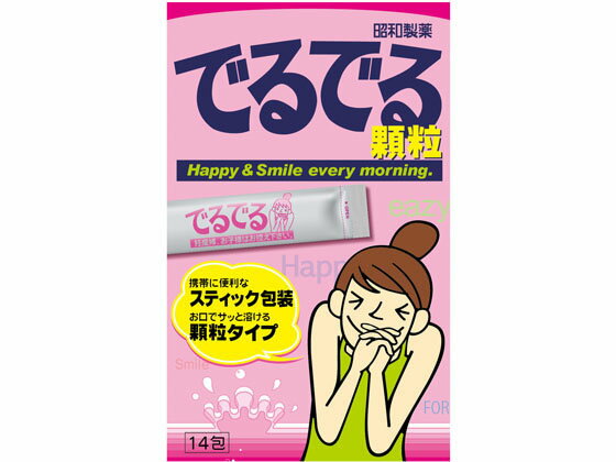 【商品説明】”飲”から”食”へ　〜ご好評の健康茶”でるでる”の顆粒タイプ〜有用性（すっきり）　乳糖果糖オリゴ糖は小腸でほとんど吸収されず、低カロリー。大腸で善玉菌のエネルギー源となります。顆粒タイプのためセンナ茎成分を効率よく摂取できます。いつでもどこでも携帯でき簡単にお召し上がりいただけます。お口でサッと溶けるレモン風味。ビタミン（美容）1包でビタミンC、B1、B2、B6、B12の1日推奨量を摂取できます。【仕様】乳糖果糖オリゴ糖、センナ茎エキス（デキストリンを含む）トレハロース、ビタミンC、リンゴ酸、リン酸カルシウム、イノシトール、香料、甘味料（ソーマチン、アスパルテーム・L−フェニルアラニン化合物）、ビタミンB12、ビタミンB6、ビタミンB2、ビタミンB1【備考】※メーカーの都合により、パッケージ・仕様等は予告なく変更になる場合がございます。【検索用キーワード】昭和製薬　しょうわせいやく　昭和製薬　でるでる顆粒　　14包　人気　評判　ランキング　口コミ　効果　使用感　お茶　その他茶　RPUP_02　RA6006あの”でるでる”が顆粒になりました！！