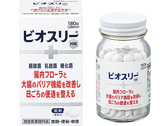 【商品説明】3種の共生する活性菌が有用菌を増やし、腸内フローラを改善することで、腸を整えます。乳酸菌だけでなく、糖化菌、酪酸菌を加えた3種の活性菌を配合しています。3種の活性菌が小腸から大腸まで生きたまま届きます。のみやすい、やや甘みのある小粒の錠剤です。【仕様】●6錠中：糖化菌　150mg、ラクトミン（乳酸菌）　30mg、酪酸菌　150mg●添加物　ポリビニルアルコール（完全けん化物）、ポビドン、バレイショデンプン、乳糖水和物、ステアリン酸Mg●内容量：180錠生産国：日本商品区分：医薬部外品メーカー：アリナミン製薬株式会社広告文責：フォーレスト株式会社　0120-40-4016【備考】※メーカーの都合により、パッケージ・仕様等は予告なく変更になる場合がございます。【検索用キーワード】アリナミン製薬　ありなみんせいやく　アリナミンセイヤク　武田薬品工業　タケダ　たけだ　ビオスリーHi錠180錠　ビオスリーHi錠　ビオスリー　ビオスリーHi　腸内フローラ　腸を整える　糖化菌　乳酸菌　酪酸菌　医薬部外品　整腸薬　整腸剤　整腸　便秘　軟便3種の活性菌が有用菌を増やし、腸内フローラを改善することで、腸を整えます