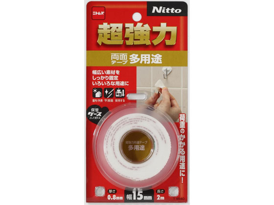 【商品説明】荷重のかかる用途に幅広い素材をしっかり固定いろいろな用途に【仕様】●サイズ：約厚さ0．8×幅15mm、長さ2m●材質：基材／アクリルフォーム／粘着材／アクリル系／はくり紙／紙●耐荷重：ステンレス／1300g／ABS／800g／木／730g／アクリル／800g／塩化ビニル／600g【備考】※メーカーの都合により、パッケージ/仕様等は予告なく変更になる場合がございます。【検索用キーワード】ニトムズ　nitoms　にとむず　ちょうきょうりょくりょうめんてーぷ　たようと　（うすて）　1巻　両面テープ　T4540　金属　プラスチック　塩化ビニル　タイル　木材など幅広い素材の固定や補修に　約厚さ0．8×幅15mm　長さ2m　基材　アクリルフォーム　粘着材　アクリル系　はくり紙　紙　ステンレス　1300g　ABS　800g　木　730g　アクリル　800g　塩化ビニル　600g　nitoms_10_repair　RPUP_02金属／プラスチック／塩化ビニル／タイル／木材など幅広い素材の固定や補修に