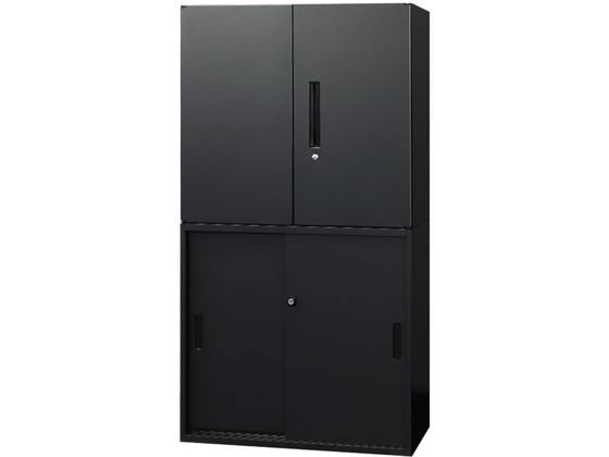 Netforce 両開き+引戸書庫 2段 幅800×奥行400 ブラック スチールキャビネット ロッカー オフィス家具