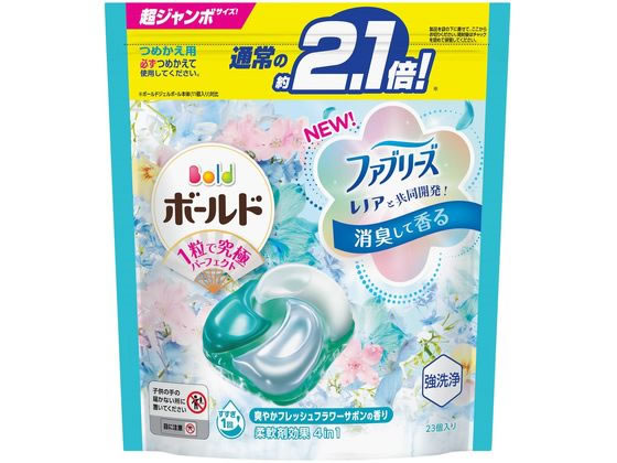 【商品説明】柔軟剤効果4in1。強洗浄：洗い上がり輝く白さ。シワも防ぐ：アイロンがけが楽に。ふんわり仕上げ：驚きの柔らかさ。※1香り長続き：着ている間も華やか。消臭：成分2倍濃縮※2レノアHAPPINESS共同開発。※1　メーカー他ジェルボール洗剤比、綿素材、平均洗濯物量（P＆G調べ）時※2　メーカー液体洗剤比【仕様】●仕様：つめかえ用●ジェルボールタイプ●内容量：408g（23個入り）●みずみずしい　爽やかフレッシュフラワーサボンの香り。【備考】※メーカーの都合により、パッケージ・仕様等は予告なく変更になる場合がございます。【検索用キーワード】P＆G　ピーアンドジー　ぴーあんどじー　PG　P＆Gジャパン　ピーアンドジージャパン　ぴーあんどじーじゃぱん　ボールド　BOLD　ボールドジェルボール　BOLDGELBALL4D　ぼーるどじぇるぼーる4D　ボールド　ぼーるど　ジェルボール　じぇるぼーる　ジェルボール4D　じぇるぼーる4D　日用品　洗濯用品　衣料用洗剤　洗濯洗剤　洗濯用洗剤　衣類洗剤　液体洗剤　ジェル洗剤　液体　洗剤　408g　23個入り　詰め替え用　詰替用　詰替え用　詰め替用　つめかえ用　フレッシュフラワーサボンの香り　R903GFファブリーズ、レノアと共同開発。消臭して香る、1粒で究極パーフェクト。