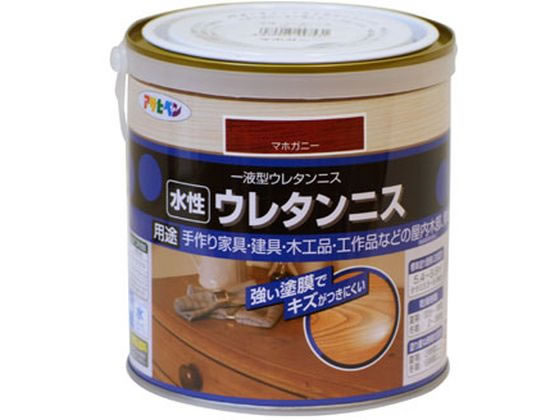 【商品説明】●着色と美しいツヤだしが同時にでき、木目をいかしたきれいなツヤに仕上がります。●塗膜は肉持ち感が良く、耐久性に優れています。●臭いが少なく、塗りやすい水性タイプです。●【用途】適した場所：屋内外区分　屋内用。●手作り家具・建具・木製品・工作品などの屋内木部（高級家具を除く）、無垢木材床。（フローリングを除く）【仕様】●内容量：0．7L●色：マホガニー●重量：900g●標準塗り回数：2回塗り●光沢：ツヤあり●塗膜の仕上がり：半透明●塗料タイプ：合成樹脂（ウレタン）●乾燥時間：夏期　30分〜1時間／冬期　2〜3時間●塗り重ね時間の目安：夏期　2時間以上／冬期　6時間以上●塗り面積：5．4〜9．8m2（タタミ3．3〜5．9枚）【備考】※メーカーの都合により、パッケージ・仕様等は予告なく変更になる場合がございます。【検索用キーワード】アサヒペン　水性ウレタンニス　0．7L　マホガニー　水性　水性塗料　塗料　ペンキ　屋内　屋内用　研磨　速乾　1個　ブラウン　茶　茶色　建具　木製品　工作　木部　作業　DIY　建築　作業用品　金物　塗装内装　内装　R724GW強い塗膜でキズがつきにくい。