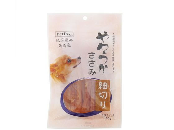 【商品説明】100％九州産の鶏食肉を使用しています。着色料は使用しておりません。小麦粉等の粉類は不使用のグルテンフリーのおやつ。嗜好性が高いのでしつけ・ご褒美に最適です。【仕様】●原材料：国内鶏肉（九州産）、食塩、保湿剤（グリセリン）、酸化防止剤（プロピレングリコール）、発色剤（亜硝酸Na）●保証成分：粗たん白質49．0％以上、脂質4．0％以上、粗繊維0．1％以下、粗灰分3．5％以下、水分42．0％以下●エネルギー：344kcal／100g【備考】※メーカーの都合により、パッケージ・仕様等は予告なく変更になる場合がございます。【検索用キーワード】ぺっとぷろじゃぱん　ペットプロジャパン　PetPro　ペットプロ　純国産やわらかささみ細切り　100g　幼犬　超小型犬　小型犬　中型犬　大型犬　6ヶ月〜　間食　ペットフード　ドッグフード　ドックフード　エサ　餌　えさ　ペット　犬（ドッグ）　おやつ（犬）　R100HG新鮮な九州産のささみを使用！