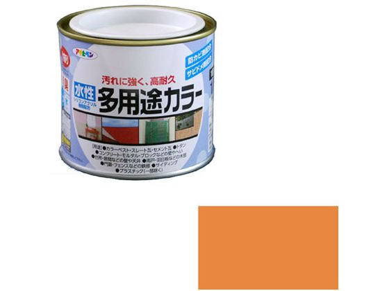 【商品説明】汚れにくく、耐久性が優れた高性能塗料です。強力防カビ剤を配合していますので、長期間カビの発生を防ぎます。サビドメ剤を配合していますので、サビの発生を防ぎます。いやな臭いのしない無臭タイプで、1回塗りで仕上がります。厚塗りしてもタレにくく、大変塗りやすい塗料です。コンクリート・ブロックなどの外壁や塀、トタン屋根、ドア・雨戸など屋内外の家具・木工品、フェンス・門・扉などの鉄部の塗装に。【仕様】●内容量：1／5L●カラー：オレンジ●重量：350g●標準塗り回数：1回塗り●光沢：ツヤあり●塗膜の仕上がり：不透明（下地を隠す）●塗料タイプ：水性シリコンアクリルエマルション樹脂塗料●乾燥時間：夏期　30〜60分／冬期　2〜3時間●塗り面積：1．4〜1．9m2（タタミ0．9〜1．2枚分）【備考】※メーカーの都合により、パッケージ・仕様等は予告なく変更になる場合がございます。【検索用キーワード】アサヒペン　あさひぺん　asahipen　水性多用途カラー　水性　多用途カラー　すいせいたようとからー　スイセイタヨウトカラー　塗装用品　とそうようひん　屋内外　屋内外用　水性　1個　200ml　200ミリリットル　オレンジ　おれんじ　DIY　建築　コンクリート　ブロック　外壁　塀　トタン屋根　ドア　雨戸　屋内外の家具　木工品　フェンス　門　扉　鉄部の塗装　無臭タイプ　1回塗り　作業用品　金物　塗装内装　塗料　塗装　塗料　R738GZコストパフォーマンスに優れた水性多用途塗料。
